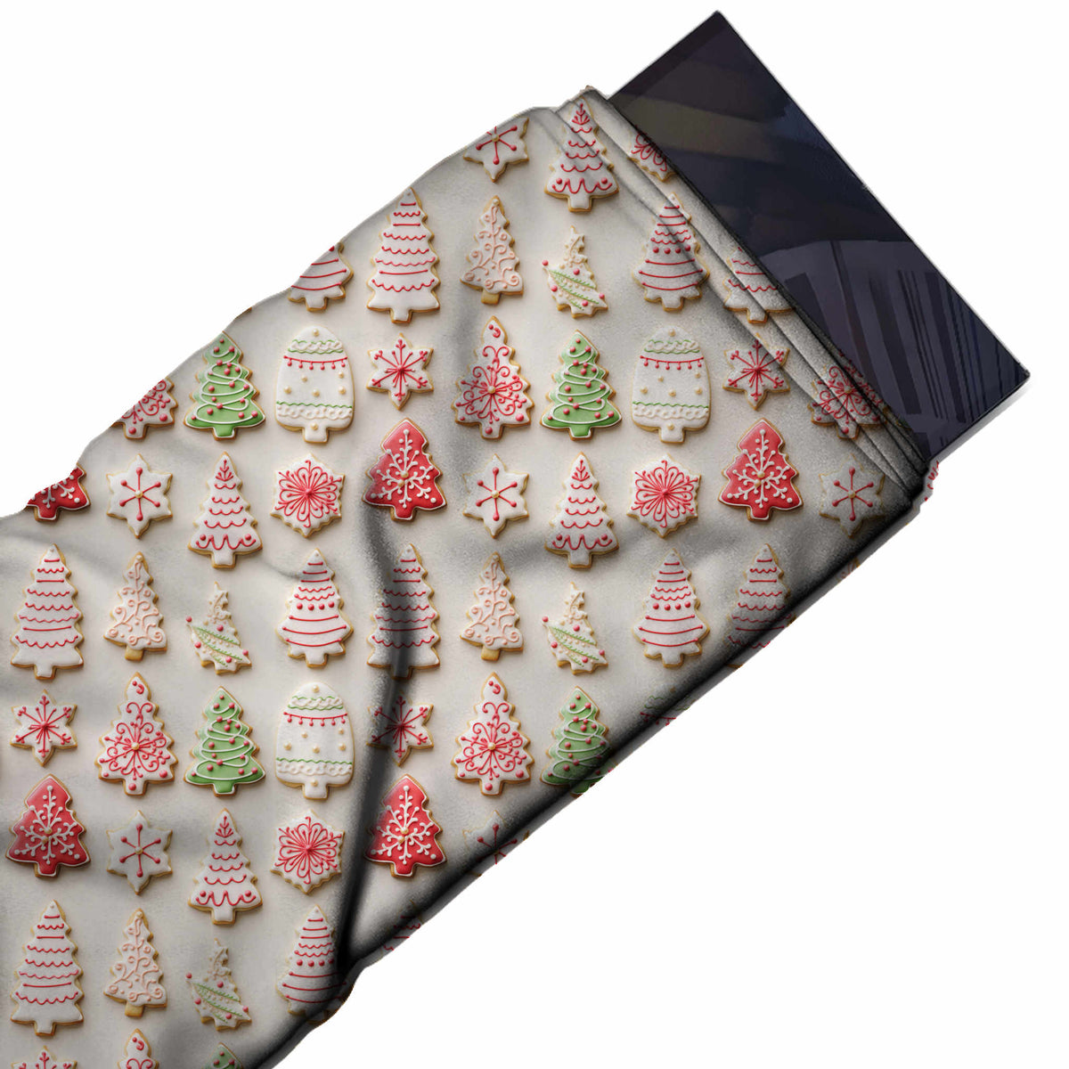 Flat fabric swatch: all-over print of small photographic iced biscuits shaped as Christmas, design Design No_4640, Clothwala