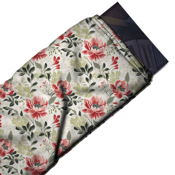 Off White & Red Peony Sprays Printed Crepe Fabric