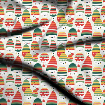 Off-White & Red Smiling Beanie Faces Printed Pure Natural Crepe Fabric