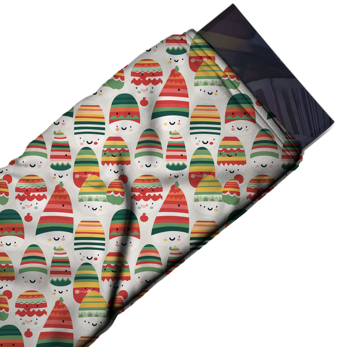 Flat fabric swatch: close-set all-over layout of medium-scale white smiling faces wearing, design Design No_4514, Clothwala