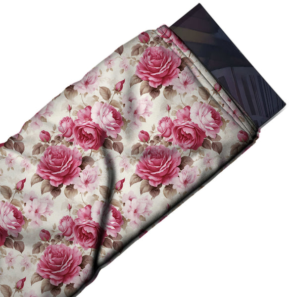 Off White & Rose Pink & Blossom Printed Armani Satin Fabric