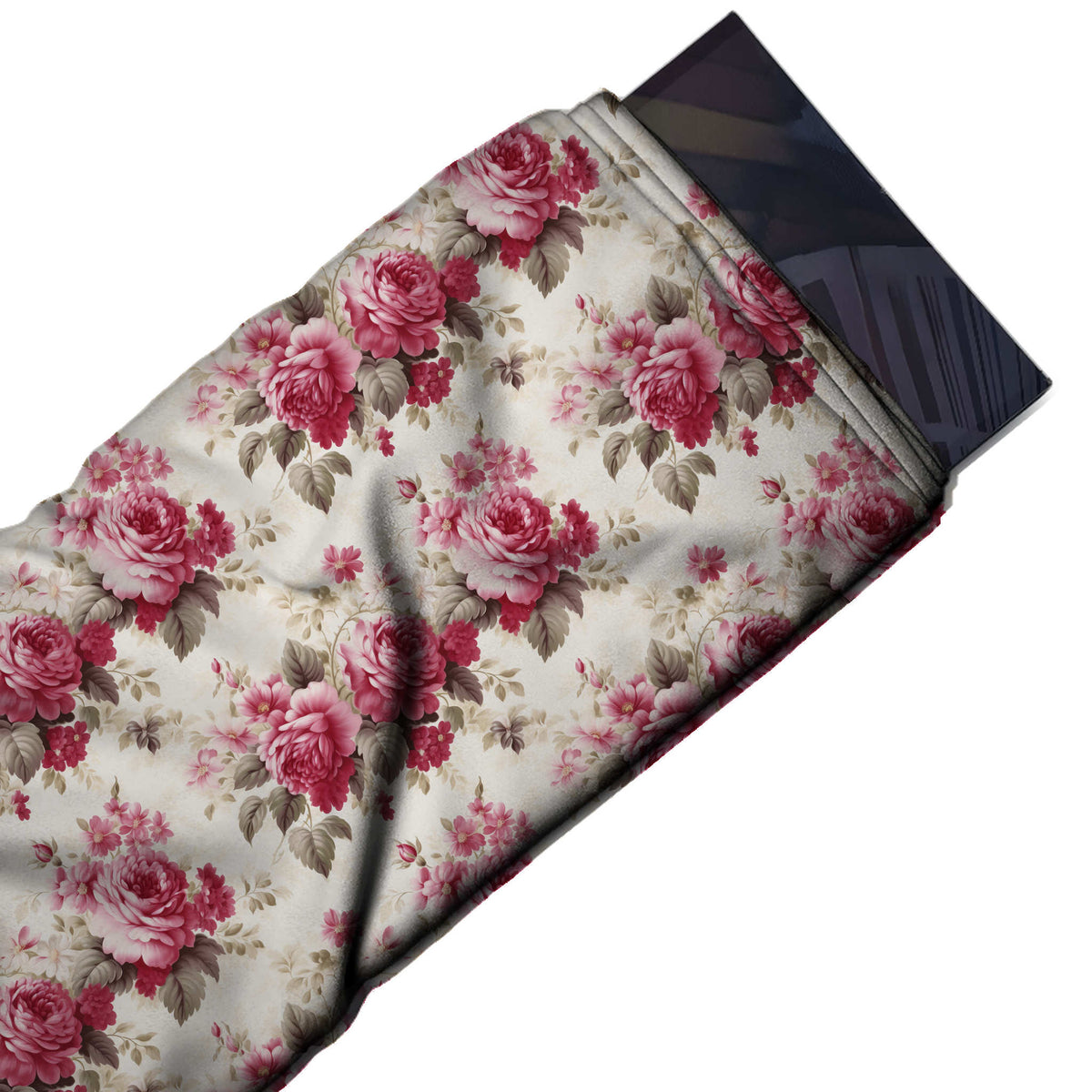 Flat fabric swatch: half-drop layout of posies with rose pink roses, design 3630, Clothwala
