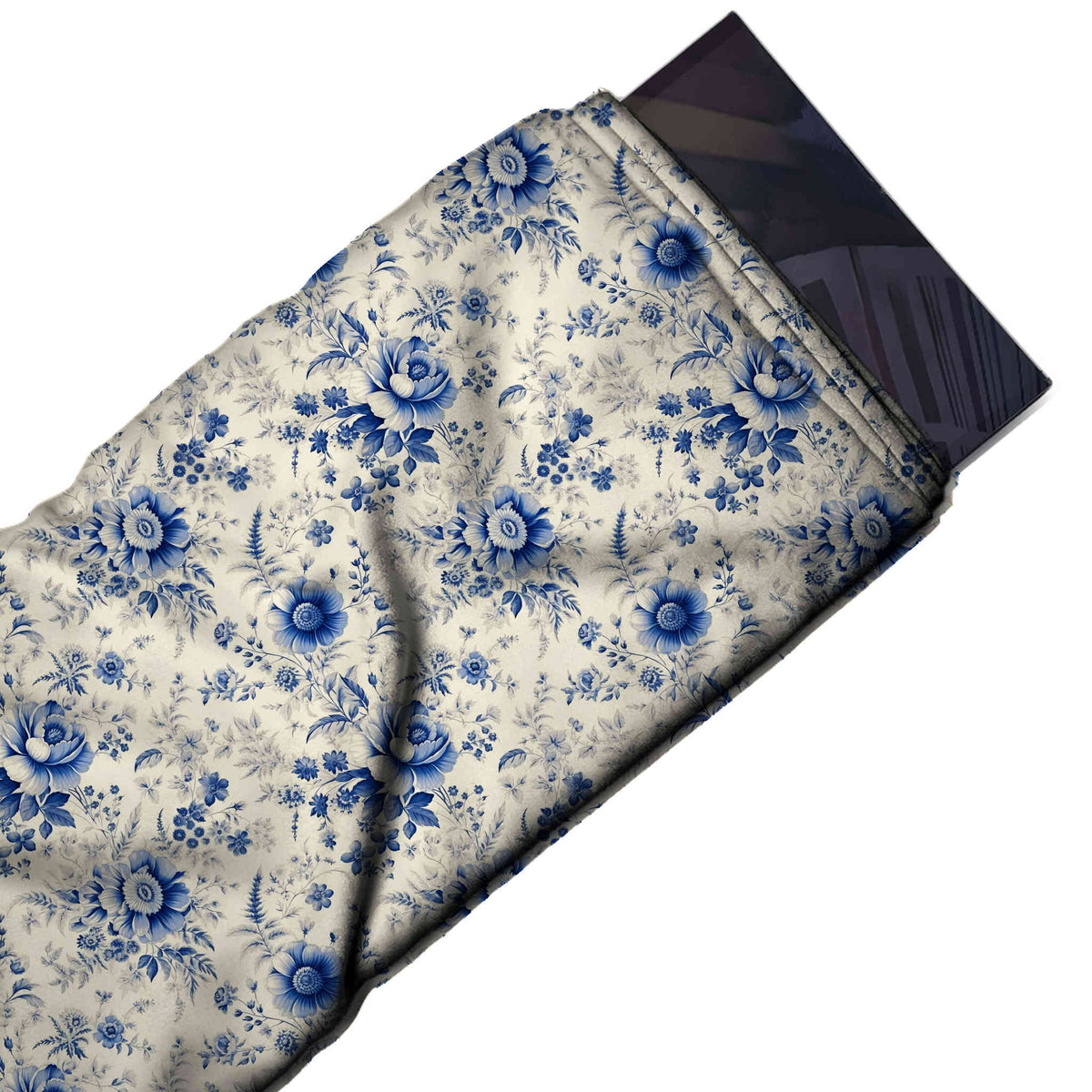 Flat fabric swatch: tossed all-over layout of royal blue and navy anemone-style blooms with pale, design 3610, Clothwala