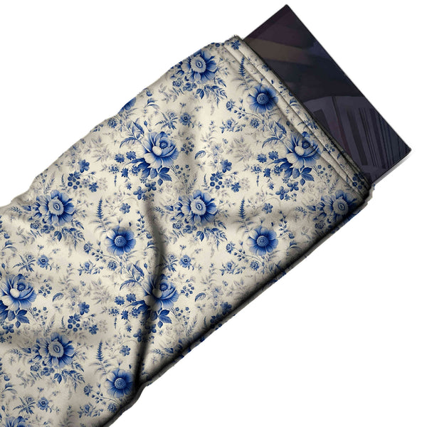 Off White & Royal Blue Anemone & Fern Printed Armani Satin Fabric