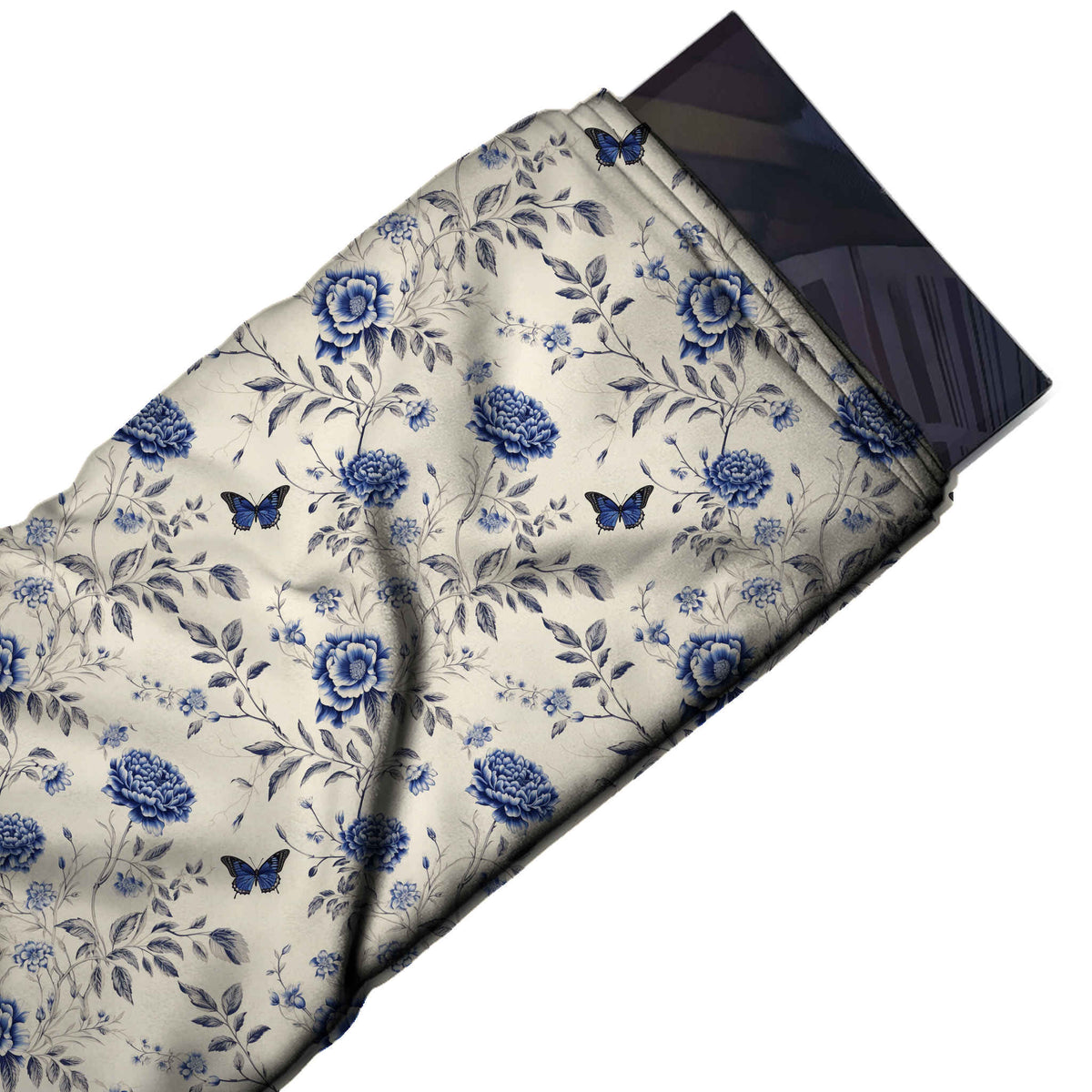 Flat fabric swatch: all-over branching layout of royal blue peonies and small lavender blue blossoms, design 3592, Clothwala