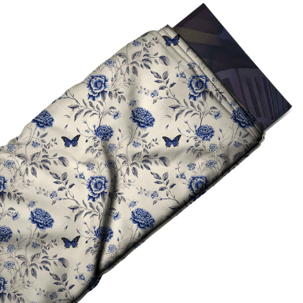Off White & Royal Blue Peony & Butterfly Printed Armani Satin Fabric