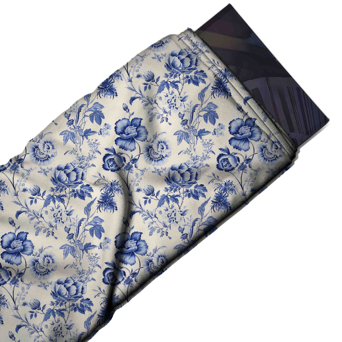 Flat fabric swatch: all-over layout of royal blue and navy poppies, design 3608, Clothwala