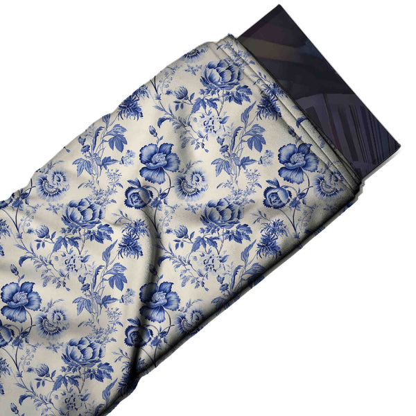 Off White & Royal Blue Poppy & Peony Printed Armani Satin Fabric