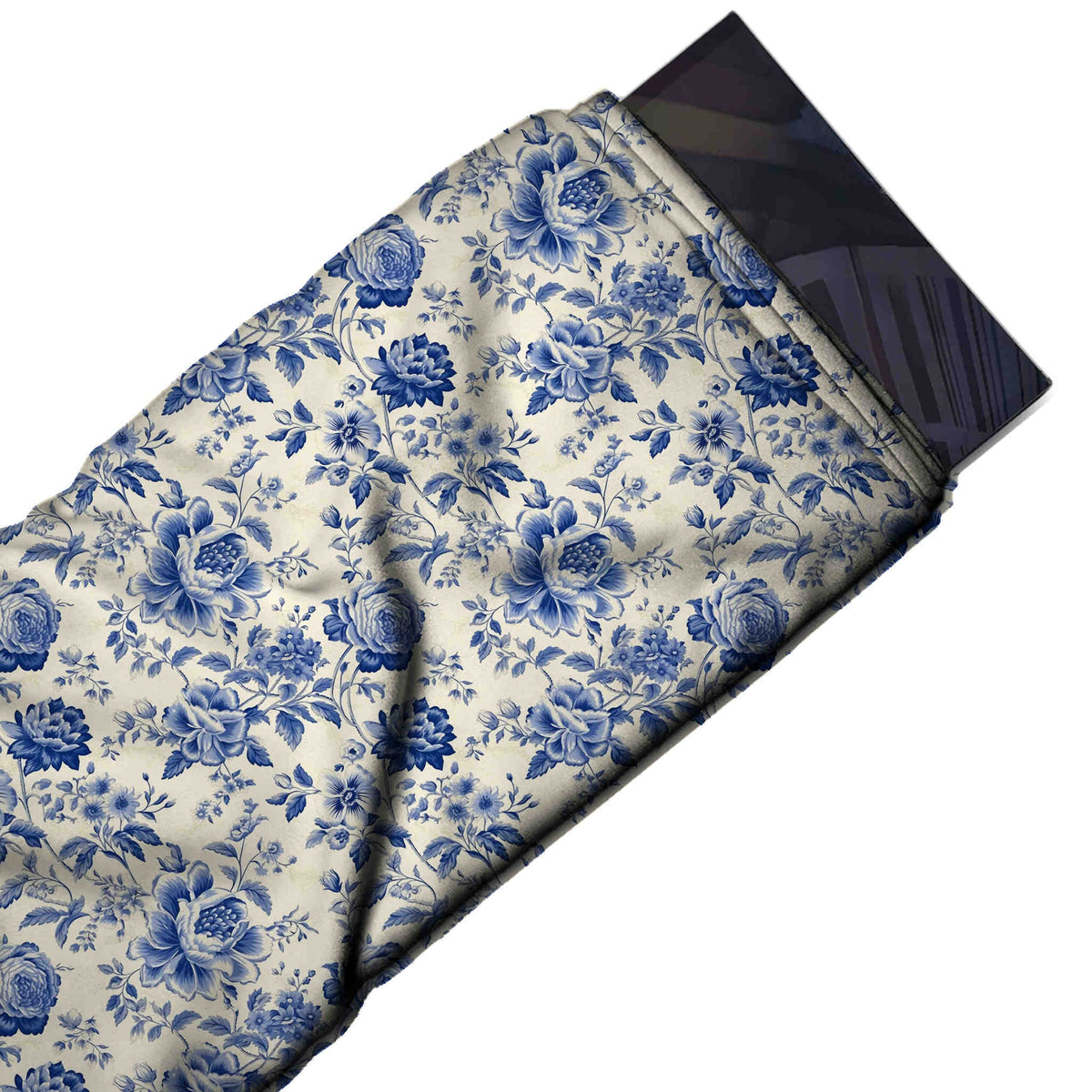 Flat fabric swatch: dense tossed all-over layout of royal blue and navy roses and open peonies, design 3602, Clothwala