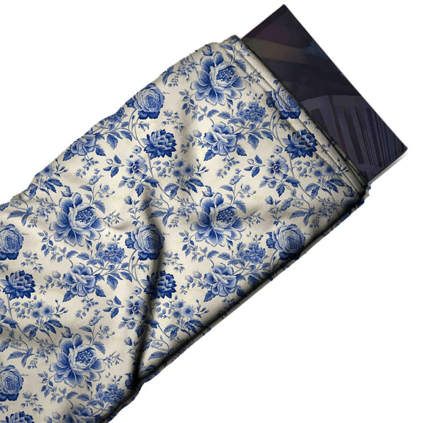 Off White & Royal Blue Rose & Peony Printed Armani Satin Fabric