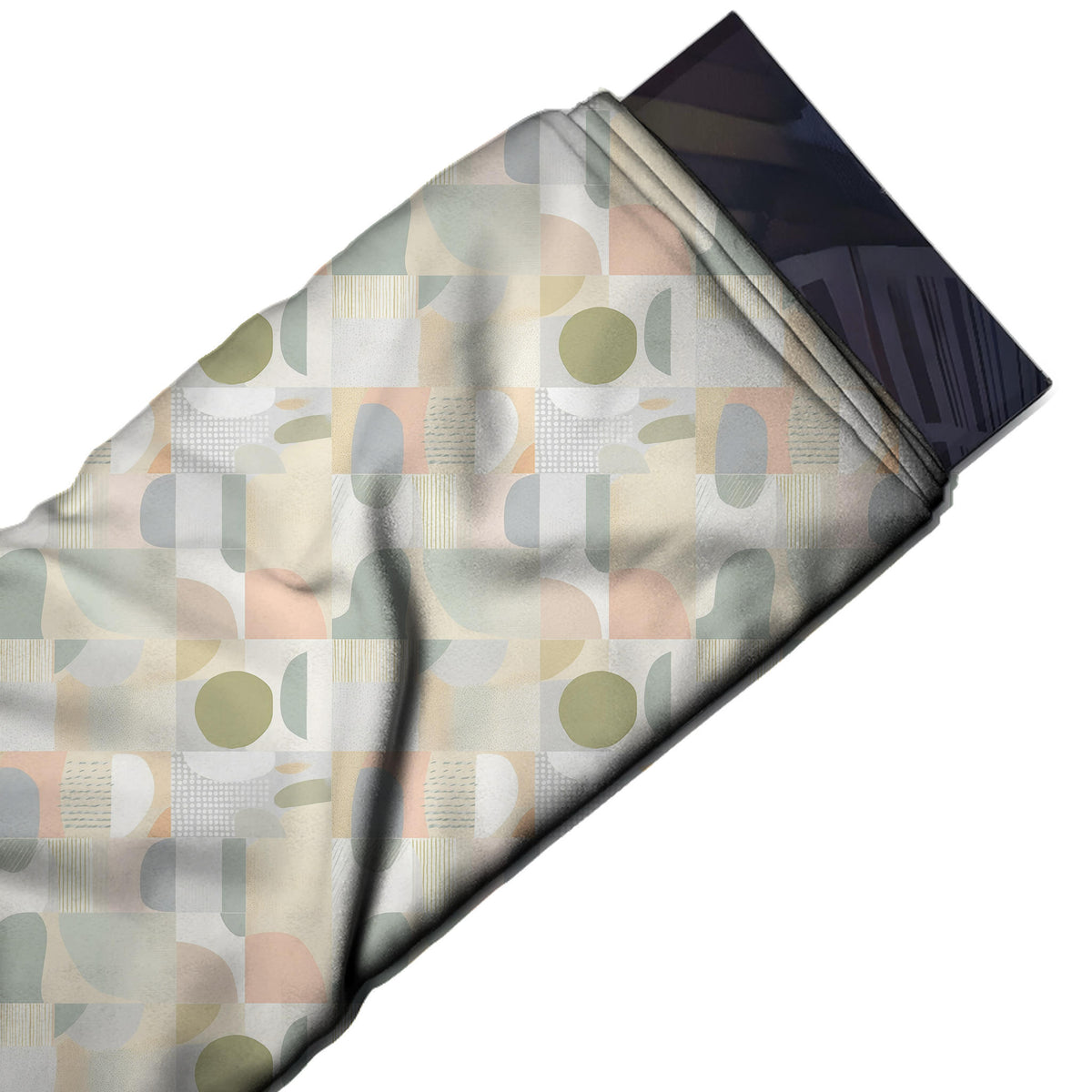 Flat fabric swatch: all-over square grid of small blocks each holding a circle, design Design No_4228, Clothwala