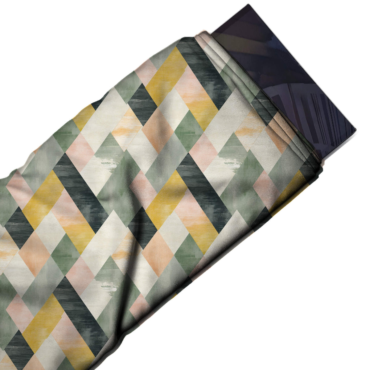 Flat fabric swatch: all-over geometric of crossing diagonal bands forming diamonds, design Design No_4317, Clothwala