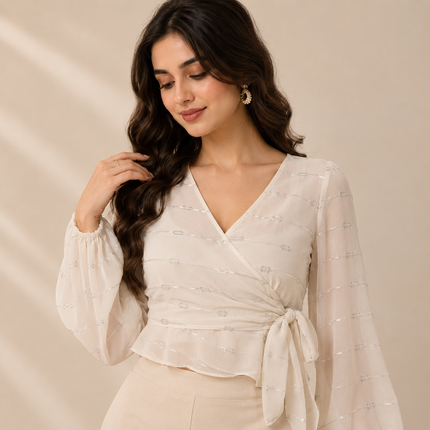 Off-White & Silver Solid Poly Chiffon Fabric — design 1081A3C-SBGP/DS-129, Clothwala