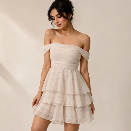 Off-White & Silver Solid Poly Chiffon Fabric — design 1081A3C-SBGP/DS-129, Clothwala