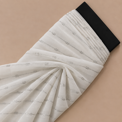 Off-White & Silver Solid Poly Chiffon Fabric — design 1081A3C-SBGP/DS-129, Clothwala