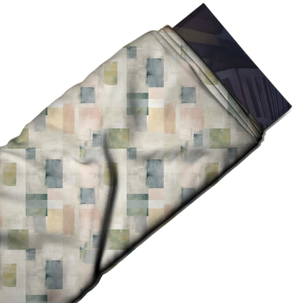 Off White & Slate Green Brushed Square Patches Printed French Crepe Fabric