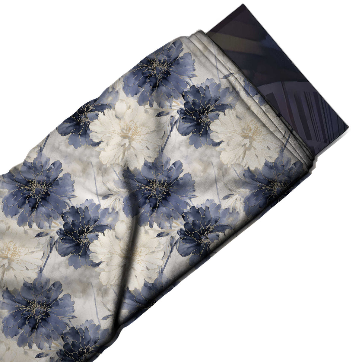 Flat fabric swatch: all-over floral with slate indigo many-petalled blooms on diagonal stems, design 3524, Clothwala
