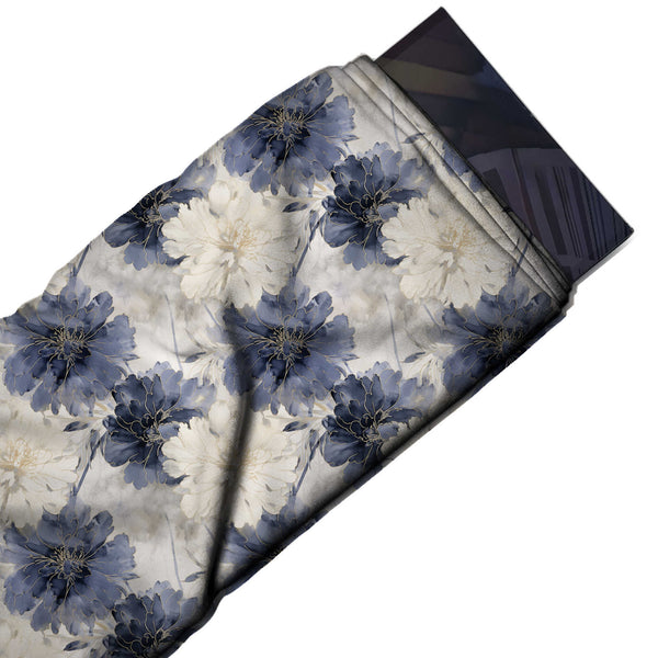 Off-White & Slate Indigo & Cream Peonies Printed Moss Crepe Fabric