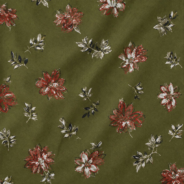 Olive Green & Maroon Watercolor Floral & Leaf Print Fabric — design 141CP-PBSRSM/DS-216, Clothwala