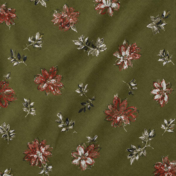 Olive Green & Maroon Watercolor Floral & Leaf Print Fabric