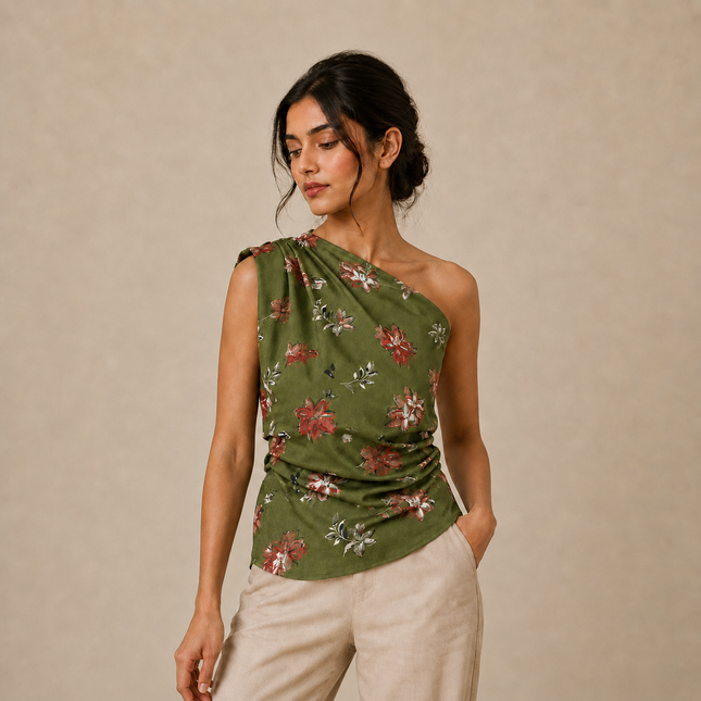 Olive Green & Maroon Watercolor Floral & Leaf Print Fabric — design 141CP-PBSRSM/DS-216, Clothwala