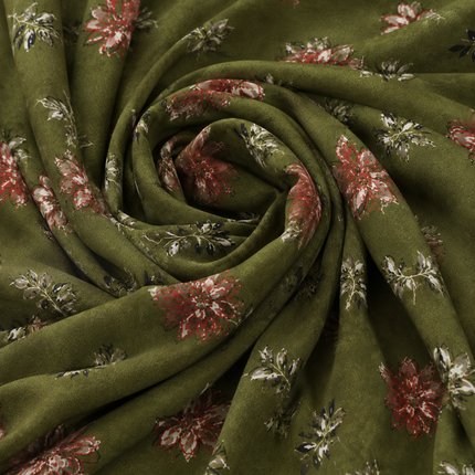 Olive Green & Maroon Watercolor Floral & Leaf Print Fabric — design 141CP-PBSRSM/DS-216, Clothwala