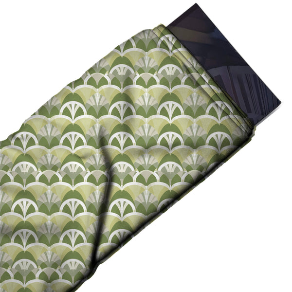 Olive Green & Pale Lime Deco Spoke Fans Printed French Crepe Fabric