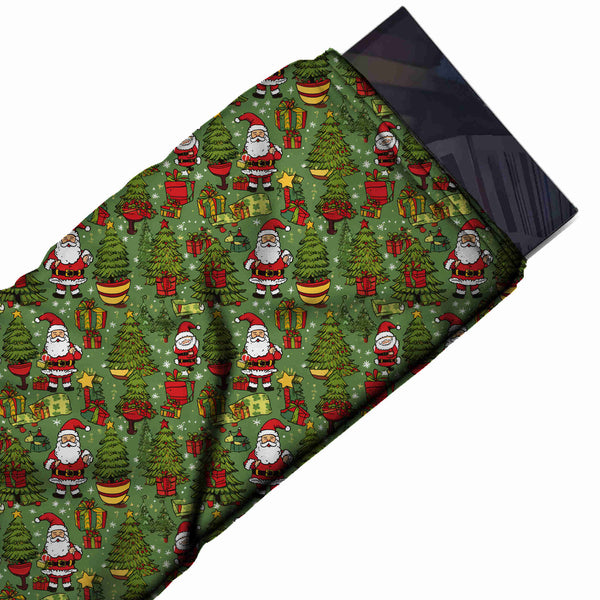 Olive Green & Red Santa & Potted Trees Printed Printed American Crepe Fabric Fabric