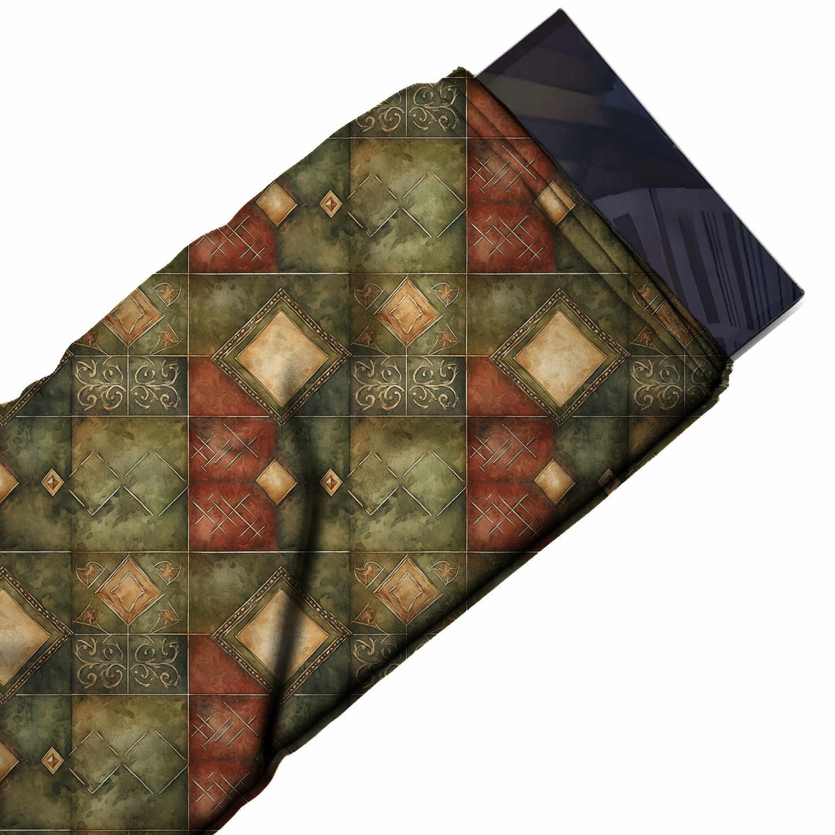 Flat fabric swatch: all-over patchwork of large mottled olive green and rust red panels, design Design No_4243, Clothwala