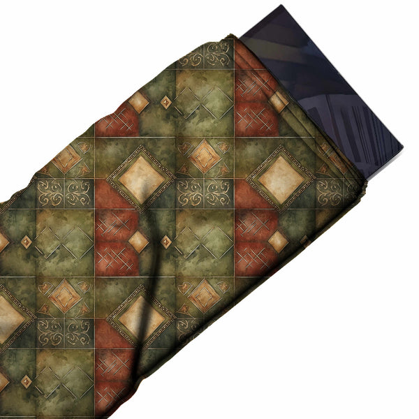 Olive Green & Rust Red Mottled Diamond Tile Patchwork Printed French Crepe Fabric
