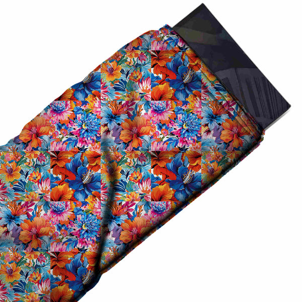 Orange & Cobalt Blue & Blue Hibiscus Tiles Printed Pure Natural Crepe Fabric
