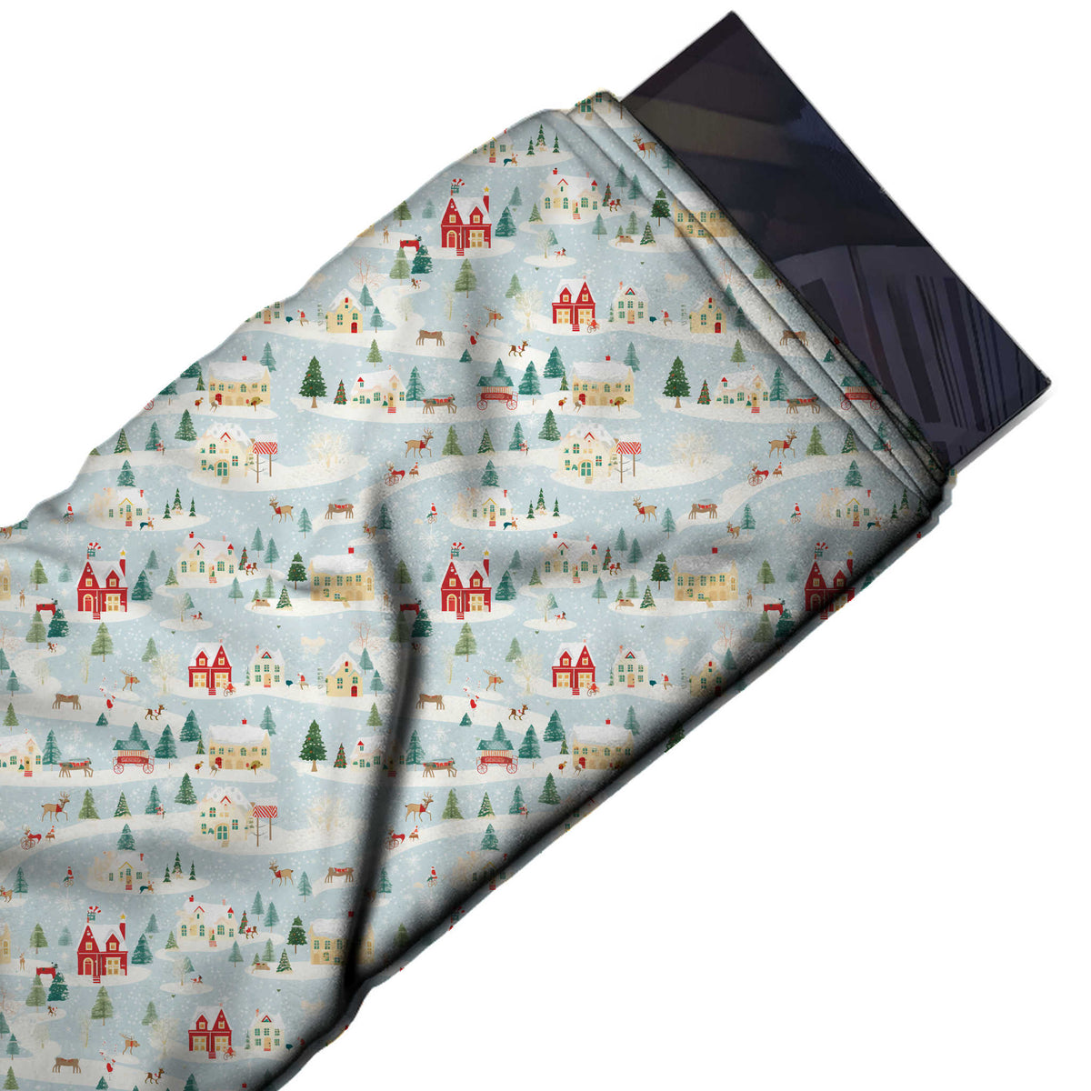 Flat fabric swatch: one-way all-over scenic print of small red and cream yellow houses, design Design No_4652, Clothwala
