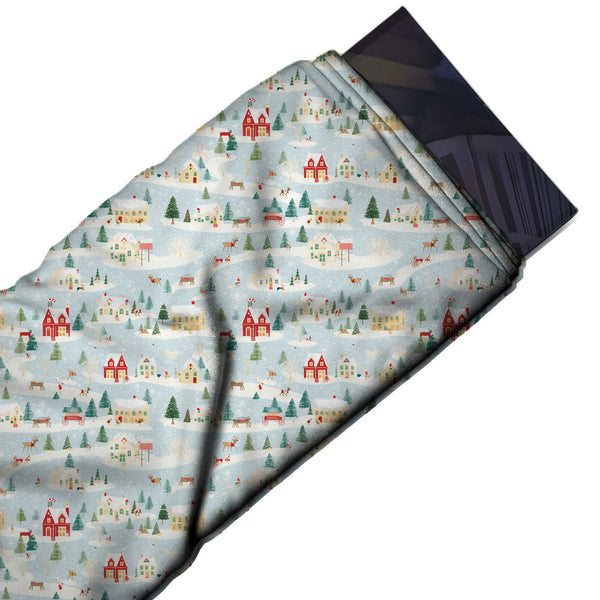 Pale Aqua & White Reindeer Sleigh Village Printed Pure Natural Crepe Fabric