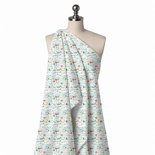 Pale Aqua & White Reindeer Sleigh Village Printed Pure Natural Crepe Fabric