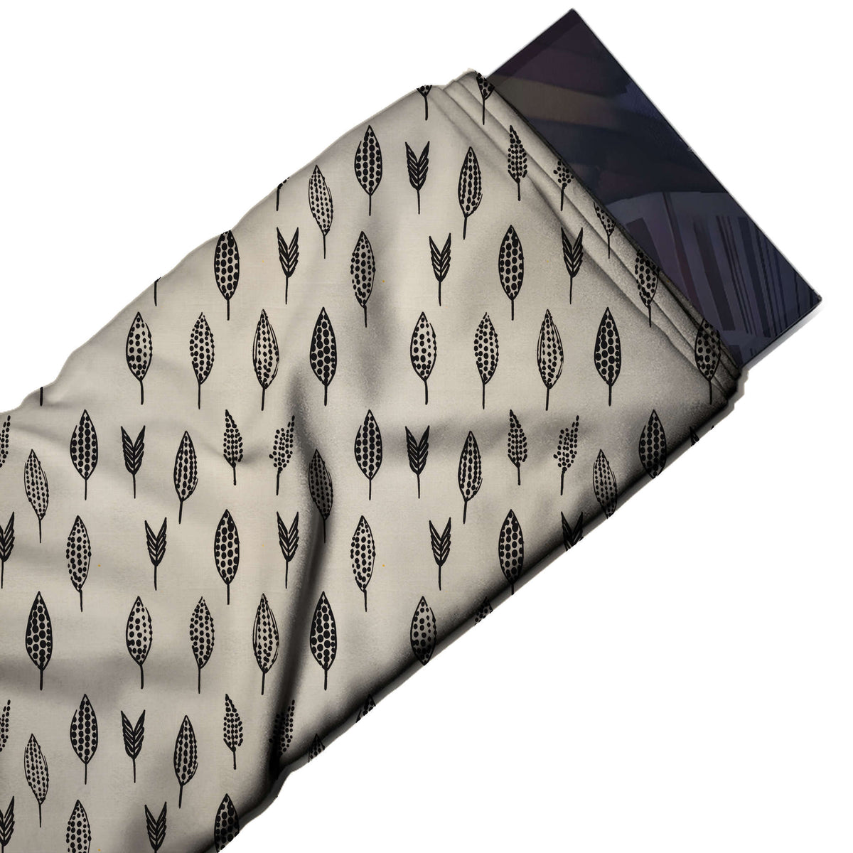 Flat fabric swatch: spaced one-way layout of small black line-drawn leaves filled with, design Design No_4104, Clothwala