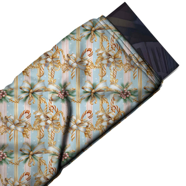 Pale Blue & Gold Bows & Pine Printed Printed American Crepe Fabric Fabric
