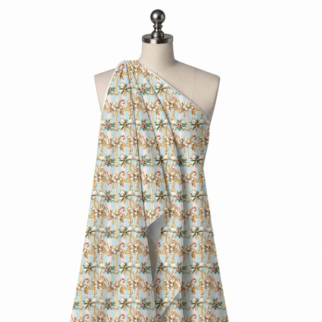 Draped on a mannequin: dense layout of white satin bows edged in gold with green pine, design Design No_4884, Clothwala