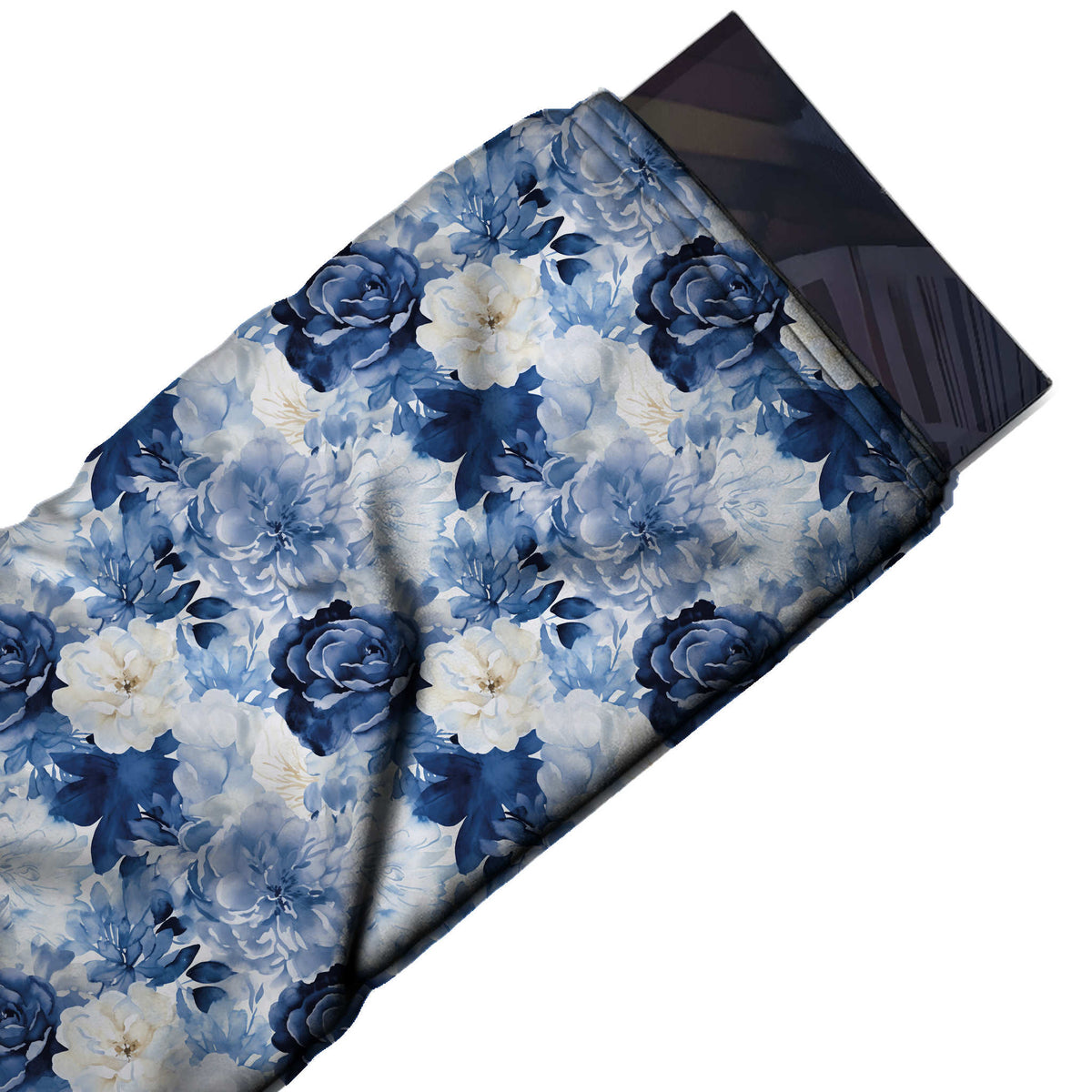Pale Blue & Navy Blue Rose & Peony Printed Moss Crepe Fabric - flat fabric swatch, design Design No_3841, Clothwala