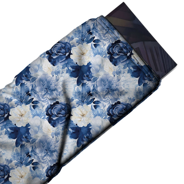 Pale Blue & Navy Blue Rose & Peony Printed Moss Crepe Fabric