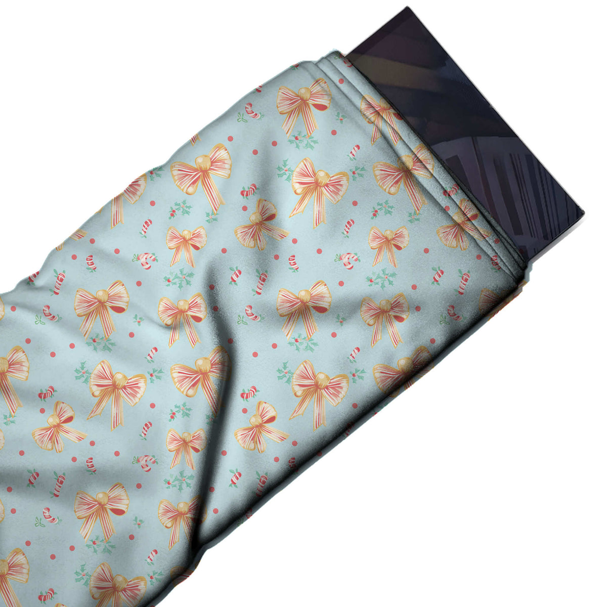 Flat fabric swatch: spaced all-over layout of peach and coral candy-striped bows with gold, design Design No_4869, Clothwala