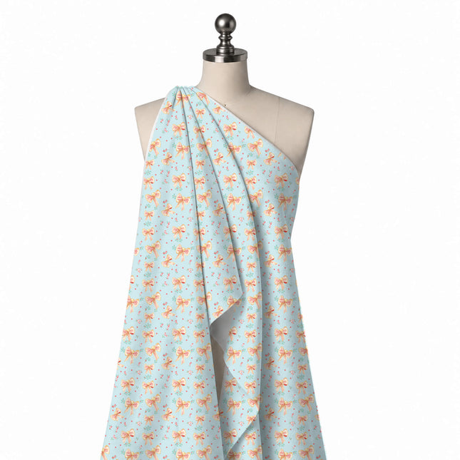 Draped on a mannequin: spaced all-over layout of peach and coral candy-striped bows with, design Design No_4869, Clothwala