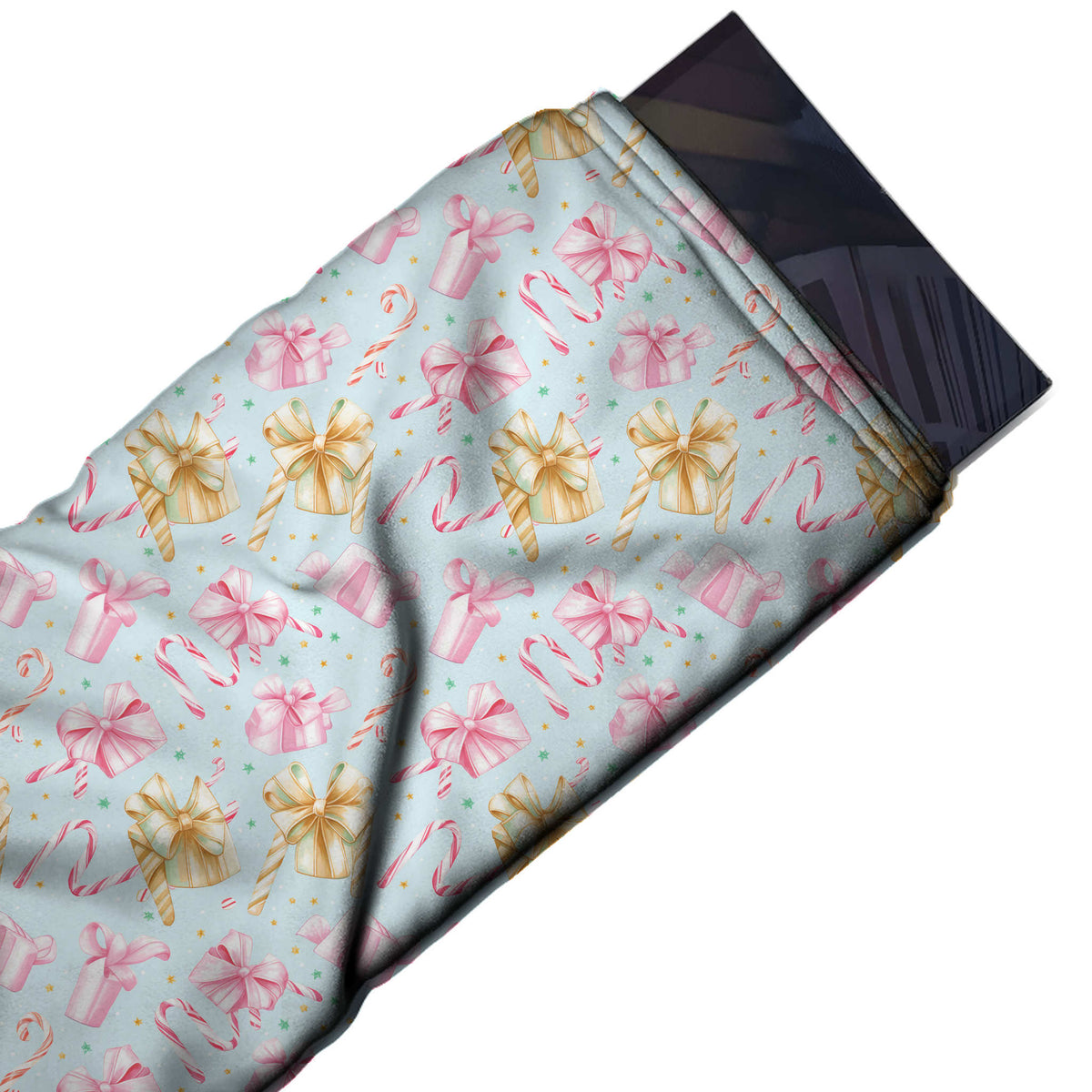 Flat fabric swatch: tossed all-over layout of watercolour-style pink gift boxes with bows, design Design No_4867, Clothwala