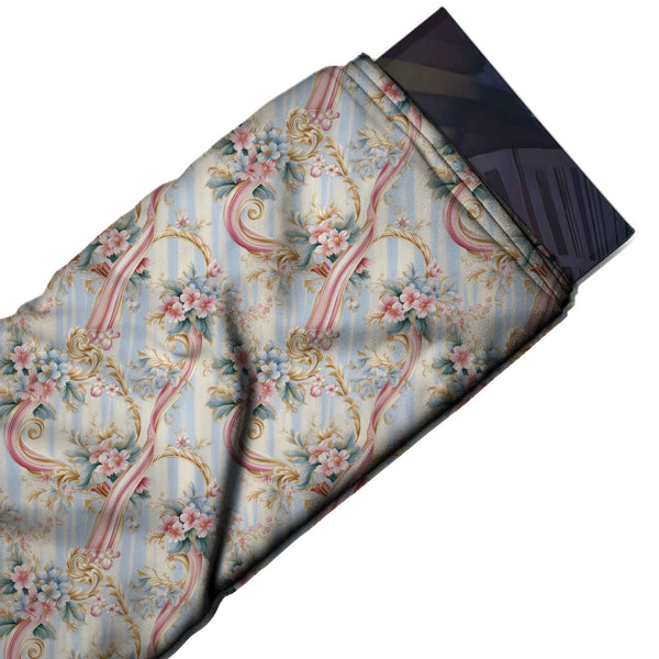 Pale Blue & Pink Rococo Ribbon Bouquets Printed Printed American Crepe Fabric Fabric