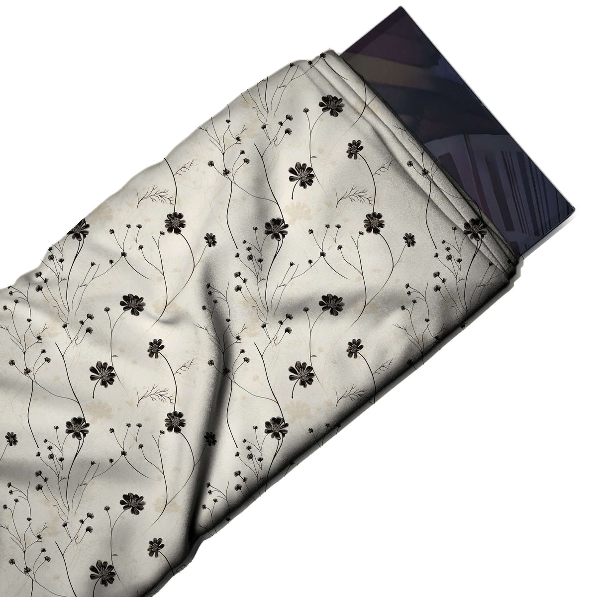 Flat fabric swatch: open spaced one-way layout of small black ink-wash cosmos flowers on, design Design No_4149, Clothwala