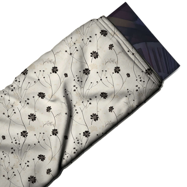Pale Cream & Black Long Stem Cosmos Printed French Crepe Fabric