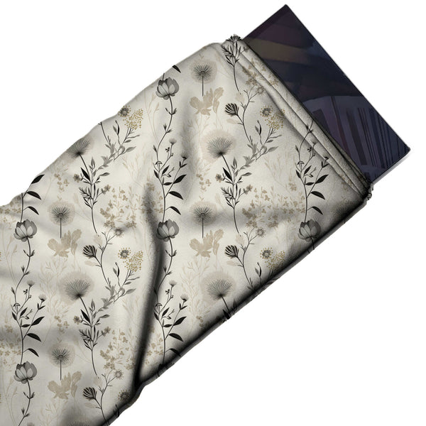 Pale Cream & Grey Lotus Bud & Dandelion Printed French Crepe Fabric