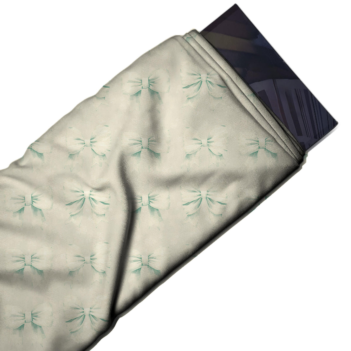Flat fabric swatch: grid repeat of medium off-white bows rendered tone-on-tone with soft, design Design No_4447, Clothwala