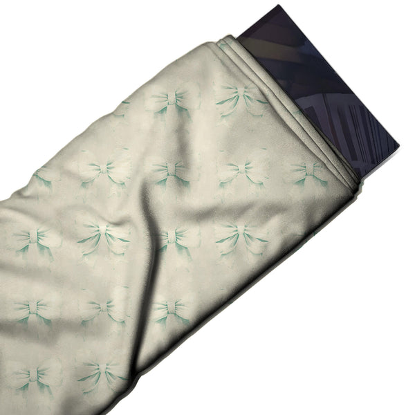 Pale Cream & Mint Green Tonal Embossed Bows Printed Pure Natural Crepe Fabric