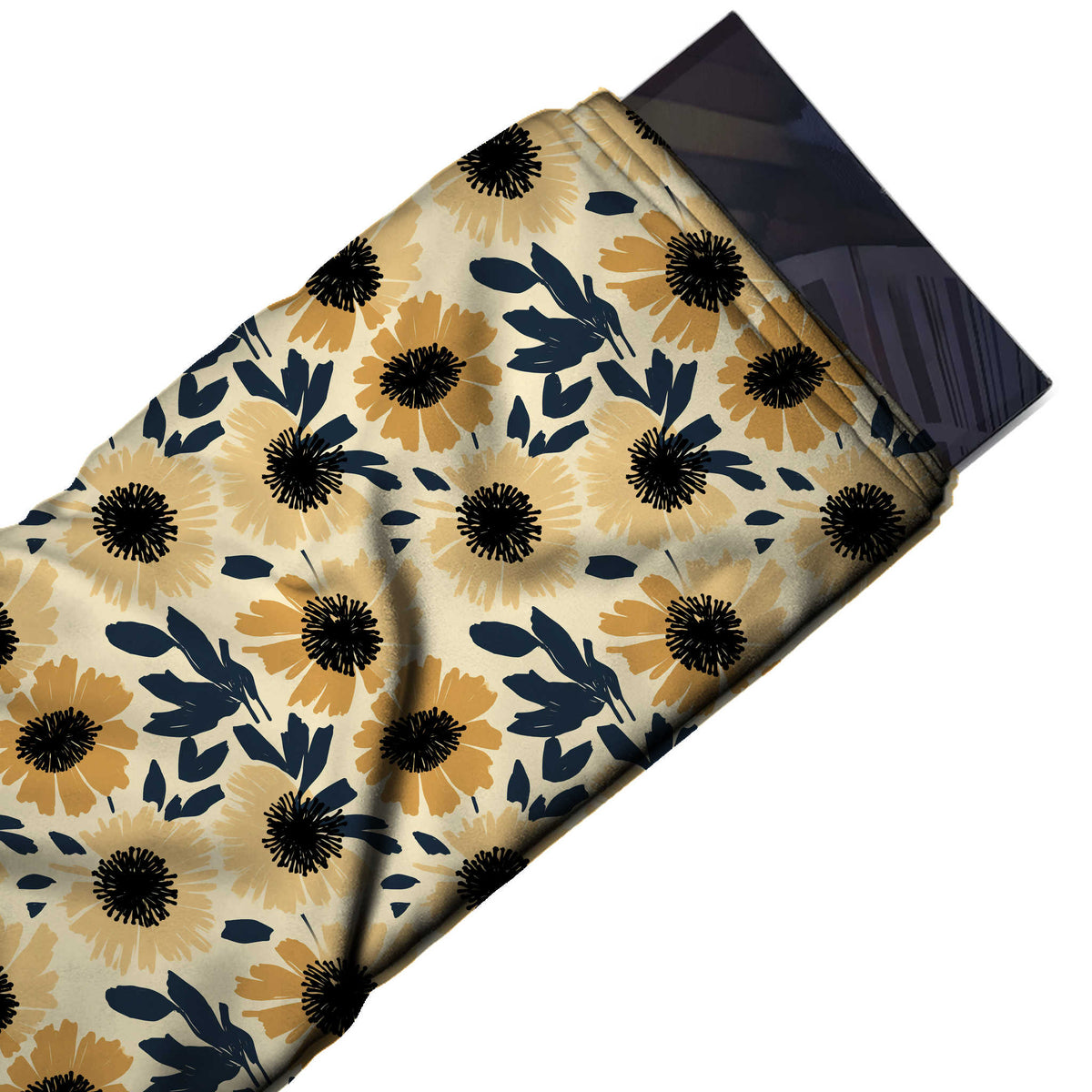 Flat fabric swatch: close-set all-over floral of medium-scale flat mustard and pale yellow daisies, design 3671, Clothwala