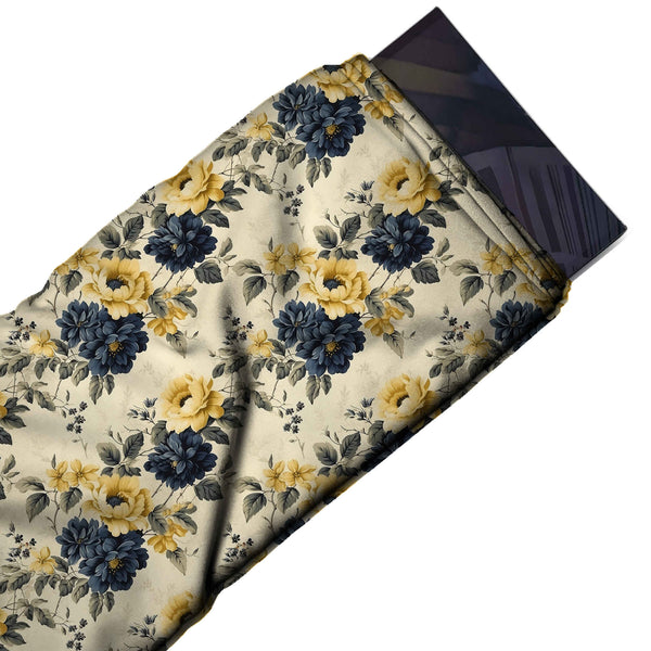 Pale Cream & Navy Blue Yellow Rose & Navy Dahlia Printed Moss Crepe Fabric